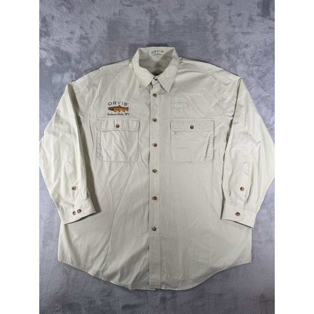 Orvis Shirt Men's XL Beige Trout Jackson Hole Wyoming Embroidered Logo Button Up